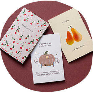 3 huwelijkskaarten bij elkaar: Tulpenregen, Pompoenkoets en The perfect pear